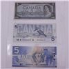 Set of 3x  Bank of Canada 1954, 1986 and 2002 $5 banknotes.