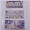 Set of 3x Bank of Canada 1971, 1989, and 2005 $10 banknotes.