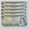 Set of 5x Bank of Canada 1973 $1 Consecutive Serial Number Crow/Bowey BFB notes.