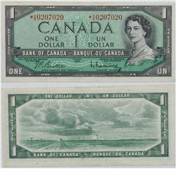 1954 Bank of Canada 3 digit RADAR $1; cat code BC-37bA, *A/A0207020