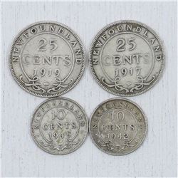 Estate lot of 4x silver Newfoundland coins.  You will receive a 1917 25c,1919 25c,1942 10c and 1945 