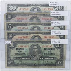 Run of 5 different denominations from the 1937 series. You will receive a $1, $2, $5, $10, and $20. 