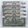 Image 1 : Run of 5 different denominations from the 1937 series. You will receive a $1, $2, $5, $10, and $20. 