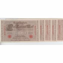 5 x 1910 1000 Mark Banknotes from Germany with consecutive serial numbers in UNC Condition.  Serial 