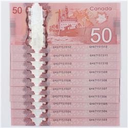 10 x 2012 Changeover $50.00 notes with consecutive serial numbers; Cat code BC-72b, Wilkins-Poloz, P