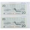 Image 1 : Pair of 1991 Replacement $20.00 notes in Almost UNC Condition. You will receive an AIX without serif
