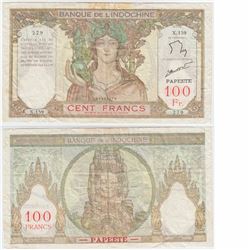 1939-1965 Tahiti 100 Francs Note in Very Fine Condition  (Damaged)