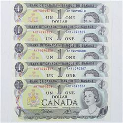 5 x 1973 $1.00 notes with consecutive serial numbers.