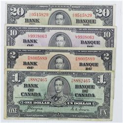 Estate lot of 4x 1937  $1, $2, $10 and $20 Canada banknotes.