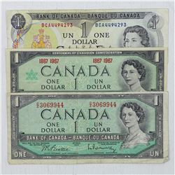 Group lot of 3 x $1.00 notes; one from each of the last three series produced by the Bank of Canada.