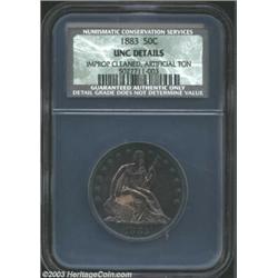 1883 50C Unc Details, Improperly Cleaned, Artificial Toning, NCS. Subdued luster penetrates the unna
