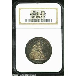1842 50C PR65 NGC. Ex: Norweb. The obverse is toned in attractive champagne-golden shadings while th