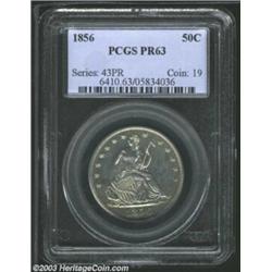 1856 50C PR63 PCGS. This rare early proof Seated Half displays an obverse die chip (as produced) ins