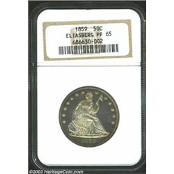 1859 50C PR65 NGC. Razor sharp delineation is seen between virtually all elements of this quintessen