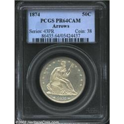 1874 50C Arrows PR64 Cameo PCGS. A sharply impressed near-Gem for the proof type collector, both the