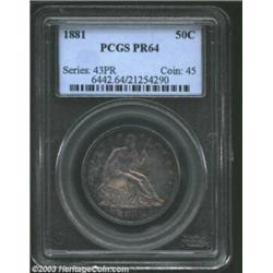 1881 50C PR64 PCGS. Toned in a pleasing blend of rose and charcoal, the deep mirrors are certainly e