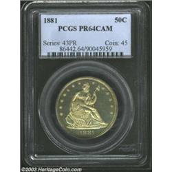 1881 50C PR64 Cameo PCGS. The obverse has moderate gold color, while the reverse is nearly brilliant