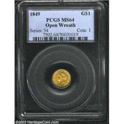 1849 G$1 Open Wreath MS64 PCGS. Well struck and highly lustrous, with a few trivial contact points o