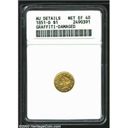 1851-D G$1--Graffiti, Damaged--ANACS. AU Details, Net XF40. A golden-brown example of this very low.