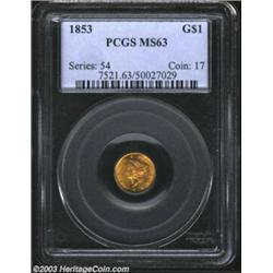 1853 G$1 MS63 PCGS. A nice representation for the grade with good luster, a sharp strike, and a few.