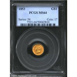 1853 G$1 MS64 PCGS. A little near-Gem with full luster and no abrasions, major or minor, to distract