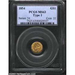 1854 G$1 Type One MS63 PCGS. Sharply struck and carefully preserved, this example has nice yellow-go