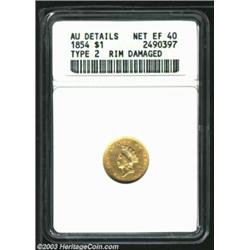 1854 G$1 Type Two--Rim Damaged--ANACS. AU Details, Net XF40. The rim damage appears to be limited to