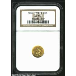 1854 G$1 Type Two AU55 NGC. A nice high grade circulated type candidate, the medium gold colored sur