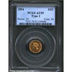 1854 G$1 Type Two AU55 PCGS. Medium orange toning covers the moderately abraded surfaces of this lig