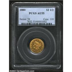 1880 $2 1/2 AU55 PCGS. A rarely seen issue with only 2,960 pieces produced. This Choice AU example h