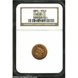 1884 $2 1/2 MS61 NGC. Lustrous with beautiful red wine coloration accenting rich golden surfaces. Po