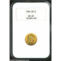 1904 $2 1/2 MS65 NGC. An extremely lustrous Gem with clean fields and devices. A faint and tiny spot