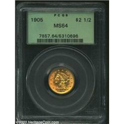 1905 $2 1/2 MS64 PCGS. Well defined throughout with bright, glowing mint luster and a trace of reddi