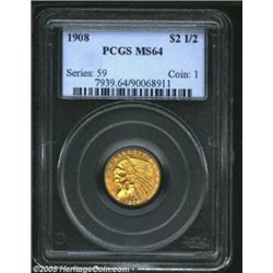 1908 $2 1/2 MS64 PCGS. Well struck and exquisitely preserved, there are only a couple of minor conta