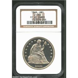 1869 S$1 Dollar, Judd-765, Pollock-850, R.8, PR65 Cameo NGC. Regular die trials issue for the Seated