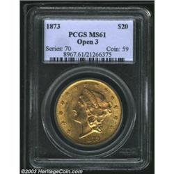 1873 $20 Open 3 MS61 PCGS. Sharply struck with bright mint luster and lovely pink-gold color, the se