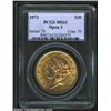 Image 1 : 1873 $20 Open 3 MS61 PCGS. Sharply struck with bright mint luster and lovely pink-gold color, the se