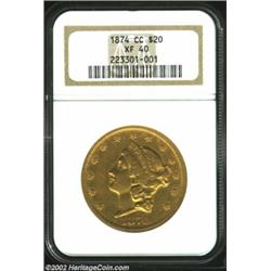 1874-CC $20 XF40 NGC. A lightly worn, yet pleasing representative of this early CC-mint Double Eagle