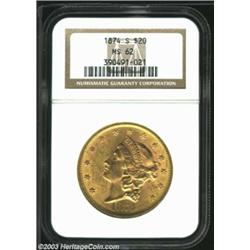1874-S $20 MS62 NGC. The 1874-S is one of the more available San Francisco Type Two Double Eagles, b