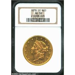 1876-CC $20 AU58 NGC. An attractive, orange-gold example with remnants of a semi-prooflike finish. W