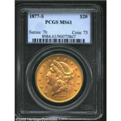 1877-S $20 MS61 PCGS. Nearly full, brilliant luster with the slightest rubbing on the highpoints. Th