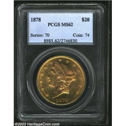 1878 $20 MS62 PCGS. Richly colored with no substantial marks and loads of luster. An obverse copper-