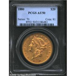 1880 $20 AU50 PCGS. Philadelphia Mint Double Eagle production amounted to just 51,456 pieces in 1880