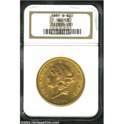 1881-S $20 AU58 NGC. The minimally worn, mostly lustrous surfaces display pleasing cartwheel visual.