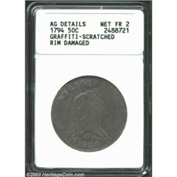 1794 50C--Graffiti, Scratched, Rim Damaged--ANACS. AG Details, Net Fair 2. O-103, R.5. Both sides ar