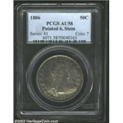 1806 50C Pointed 6, Stem AU58 PCGS. O-115, R.1. ME in AMERICA is joined at the base, and the T in LI