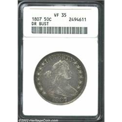 1807 50C Draped Bust VF35 ANACS. O-110a, R.2 for the variety, R.3 for the die state. A series of spi