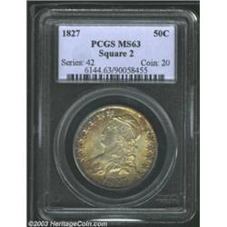 1827 50C Square Base 2 MS63 PCGS. O-128, R.3. Gorgeous golden-brown and electric-blue patina enriche