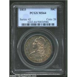 1833 50C MS64 PCGS. O-110, R.1. Freckled charcoal toning overlays a base of silver-gray color. The o