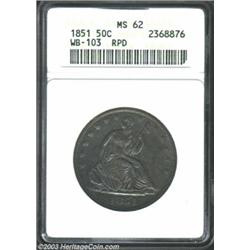 1851 50C MS62 ANACS. WB-103, High R.3. A portion of a 1 is noted left of the prominent second 1 in t